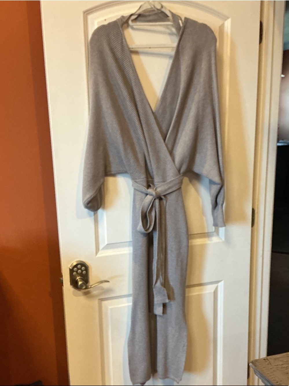 Ashley Stewart Light Gray Knit Wrap Robe with Belt